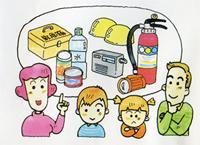 両親と男の子と女の子の4人家族で非常持出品などについて話し合っているイラスト