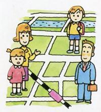 ランドセルを背負った男の子や働いている父親、家に居る母親と女の子が駅や川が描かれた地図の上にいるイラスト