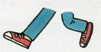 ズボンを穿き運動靴を履いて歩いて避難している、膝から下のイラスト