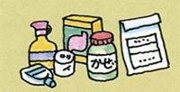包帯、胃腸薬、消毒薬、目薬、常備薬などの応急医薬品のイラスト