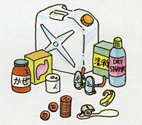 風邪薬、胃腸薬、ポリタンク、包帯、10円玉、ホイッスル、コンタクト用の洗浄液、予備のめがね・補聴器などの非常備蓄品のイラスト