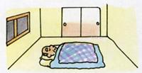 家具を置いていない部屋で布団を敷いて寝ている高齢の男性のイラスト