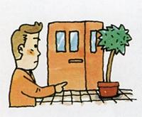 出入口に置いてある観葉植物を指さしている男性のイラスト