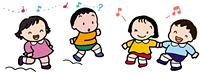 男の子と女の子がスキップしたり、手を繋いで歌っているイラスト