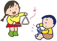 トライアングルを鳴らしている女の子とカスタネットを叩いている男の子のイラスト