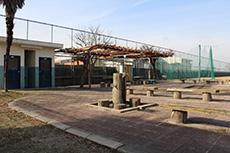 左側にフェンスがあり、地面がタイルで舗装されている公園の写真