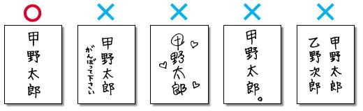 正しく候補者が書かれている投票用紙に丸印がされてあり、余計な文字や文章、記号、2人以上の候補者の氏名が書かれた投票用紙にバツ印がされてあるイラスト