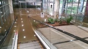 建物入り口付近のエスカレーター下半分が水に浸かっている写真