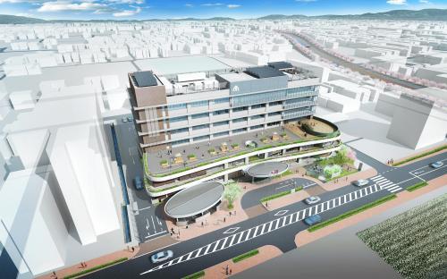 6階建てで、3階の道路側にテラスが整備されている新庁舎の外観イメージイラスト