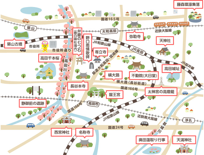 大和高田市の簡略化した地図イラスト。メインの国道や街道、JR和歌山線、近鉄大阪線、近鉄南大阪線が描かれた上に19の史跡や寺、イベントスポットの場所が記載されている。