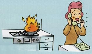 電話で話している間に、コンロにかけていた鍋から火が出ているイラスト