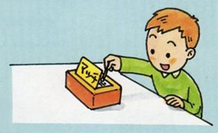 机の上に置いてあるマッチ箱に手を伸ばしている男の子のイラスト