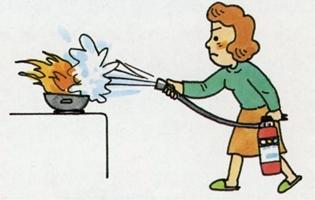 調理中に鍋が燃えだし、消火器を使い消火している女性のイラスト