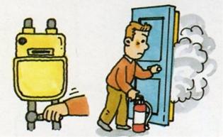 ガスの元栓を閉めて、左手で風呂場の戸を徐々に開けて、右手に消火器を持っている男性のイラスト
