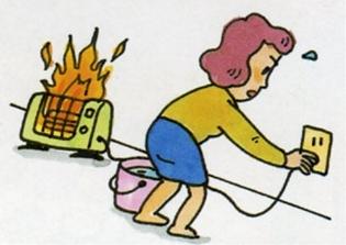 電気ストーブが燃えだしプラグを抜き、足元に水が入ったバケツが置いてある女性のイラスト