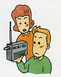 男性が右手で持ったラジオから流れる気象情報を、女性と聞いているイラスト