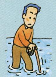 洪水で水が膝丈まで浸かり、長い棒をつきながら歩いて避難している男性のイラスト
