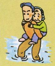洪水で膝丈まで水が浸かるなか、高齢者の女性を背負って避難している男性のイラスト