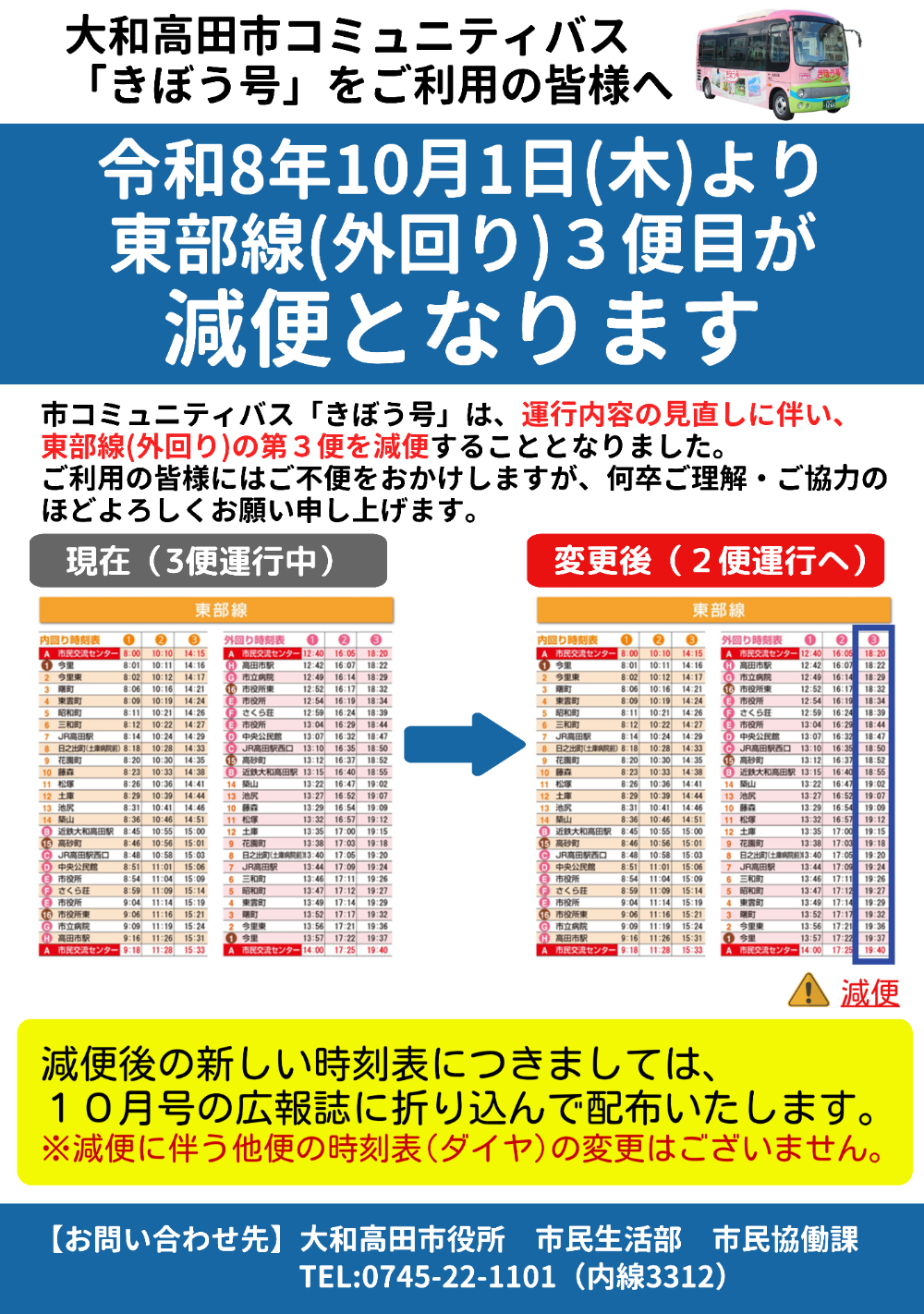 きぼう号東部線・外回り・3便目減便チラシ