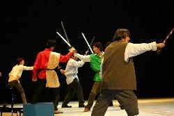 後ろで緑色などの衣装を着た男性達が剣で戦い、右前で茶色のベストを着た男性が杖を振りかざしている一場面の写真