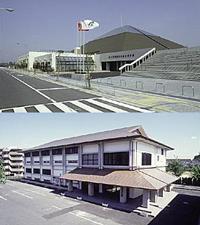 （上）横断歩道前手前にポールが立ちその奥にグレーの総合体育館が写っている写真（下）入母屋屋根の武道館の外観写真