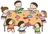大きなテーブルで粘土遊びや折り紙などで遊んでいる子ども達のイラスト