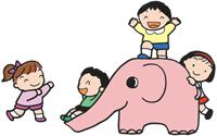 ゾウさんの遊具で遊ぶ子供たちのイラスト