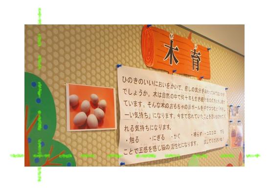 木育の説明分と木でできた卵の写真が壁に貼ってある写真