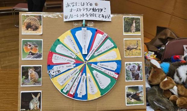 テーブルの上に動物をテーマにしたルーレットゲームが置かれている。色分けされたルーレットの各区画には、オーストラリアの動物の名前が日本語と英語で書かれている。また、ルーレットの周りにはコアラやカンガルーなど、オーストラリアの動物の写真が貼られている。