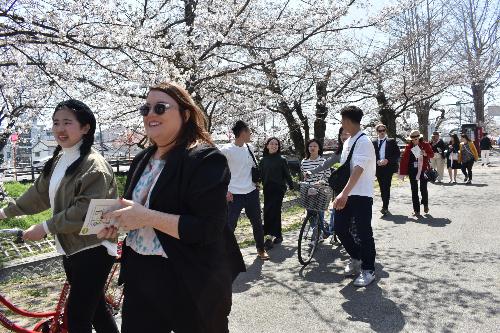 高田川沿いの桜並木の横を歩くリズモー市民訪問団やリズモー市に派遣された学生、リズモー都市友好協会会員の皆さんの写真