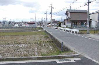 きれいに整備された道路の右側に民家が建ち、左には田んぼがある風景写真