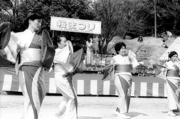 桜祭りで4名の女性が着物を着て踊っている白黒写真