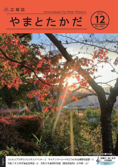 広報誌12月号の表紙は、紅葉で色づく大中公園から、見える夕日